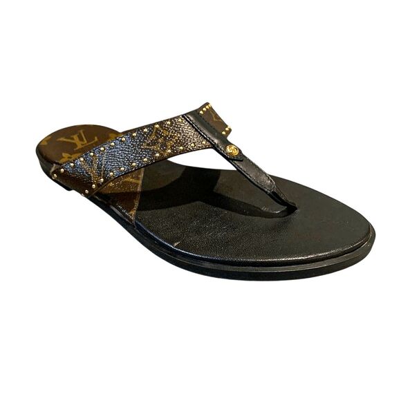 Louis Vuitton Sunny Flat Thong Sandals EU 37 Brown Monogram Logo Flip Flop Slide - Picture 1 of 9
